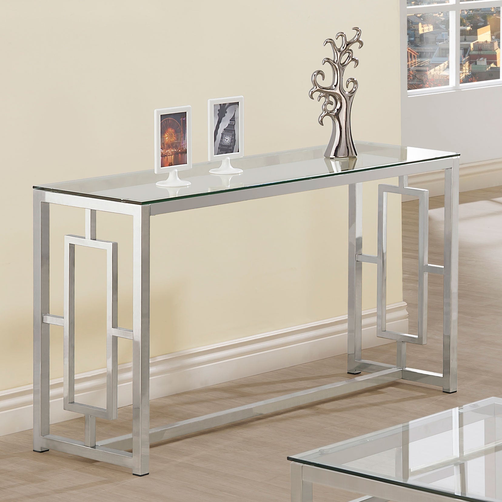Merced Glass Top Metal Entryway Console Table Nickel