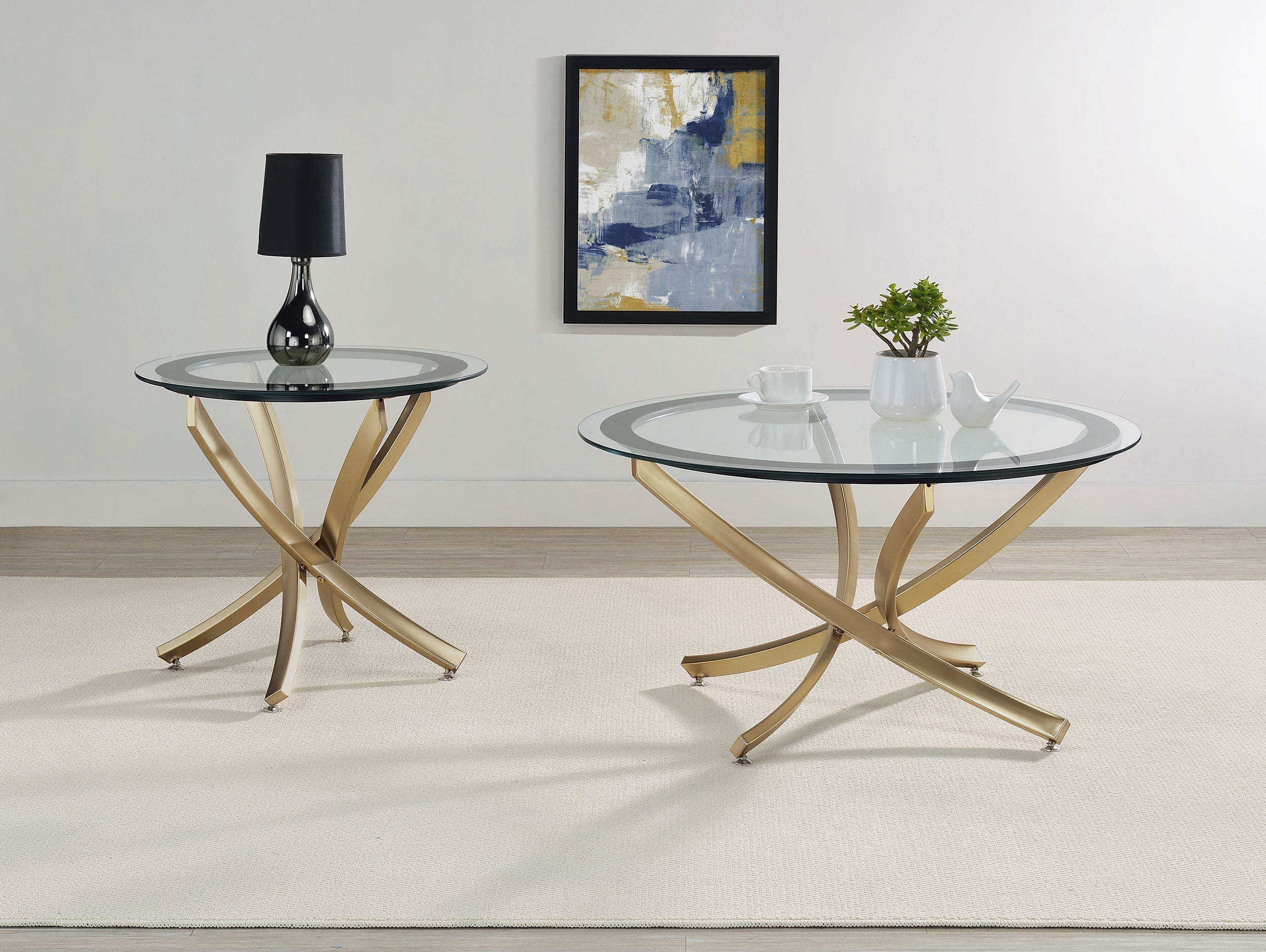 Brooke Round Glass Top Coffee Table Set Brass