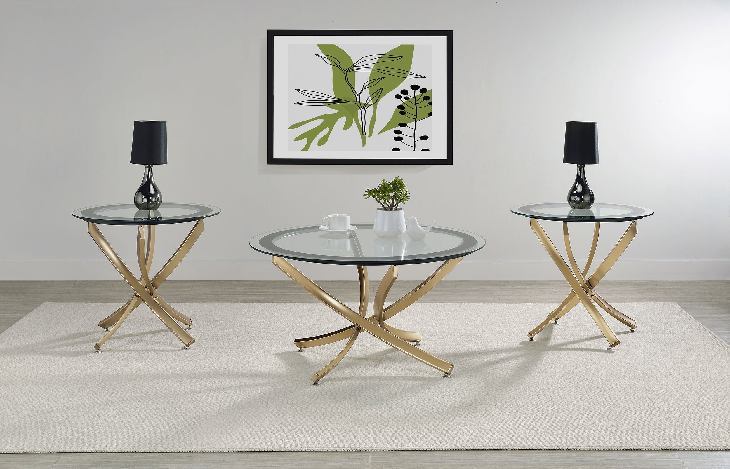 Brooke Round Glass Top Coffee Table Set Brass
