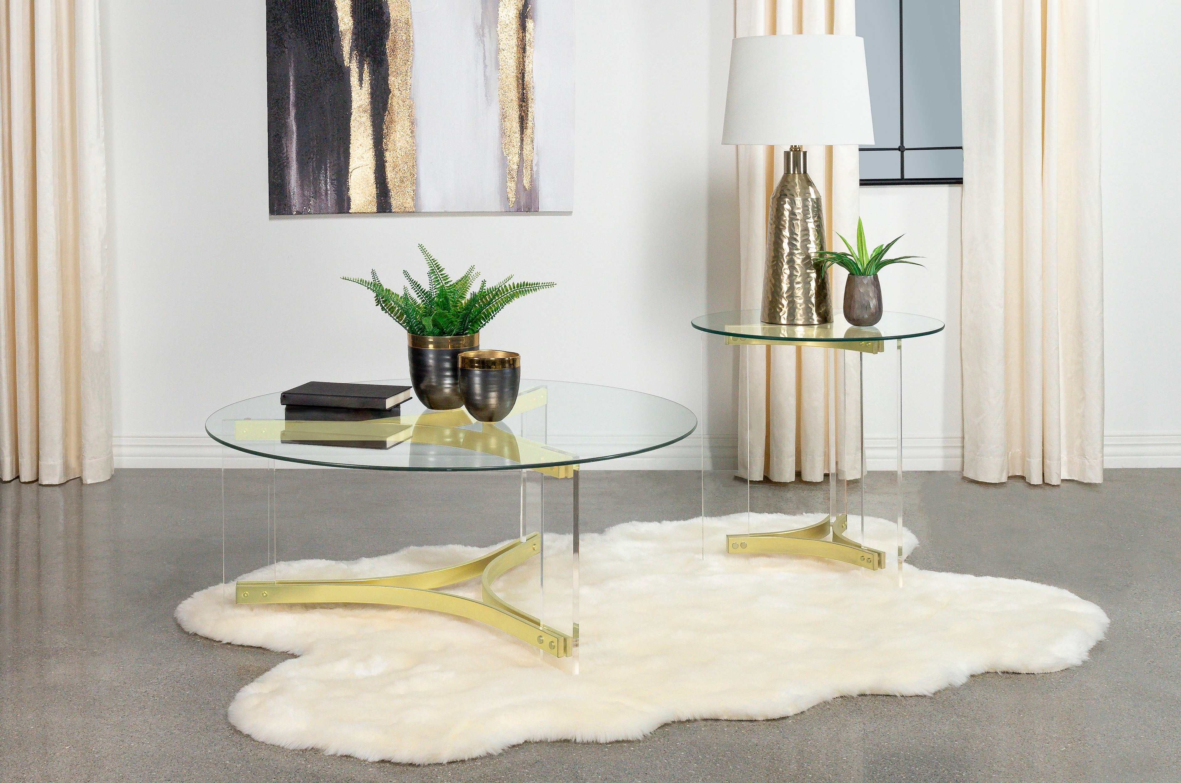 Janessa Acrylic Coffee and End Table Set Matte Brass