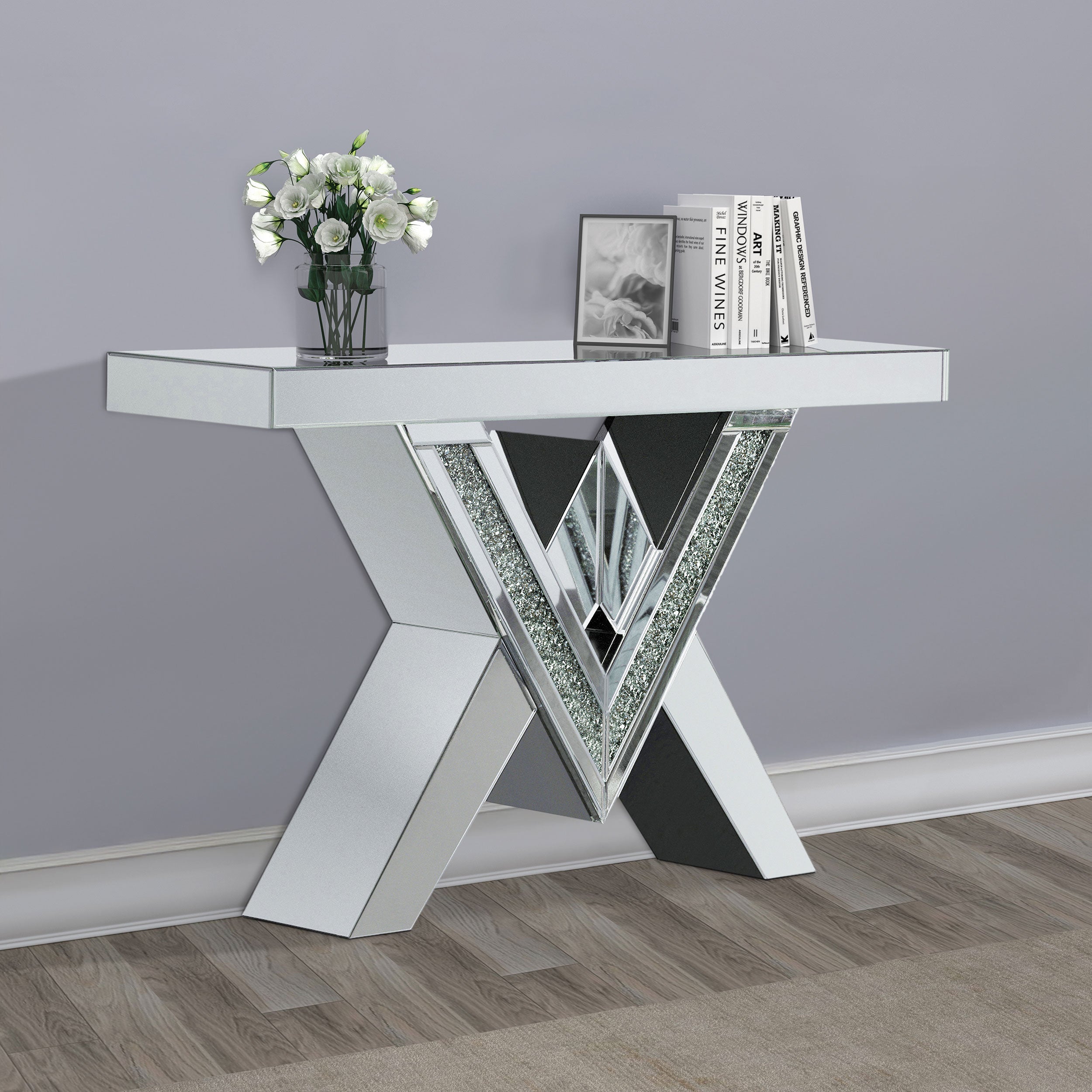Taffeta V-shaped Mirrored Entryway Console Table Silver