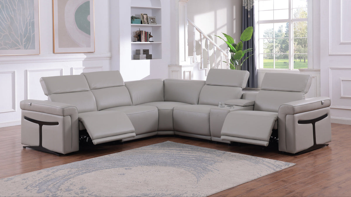 Lucca Light Grey Italian Leather 6-Piece Reclining Sectional