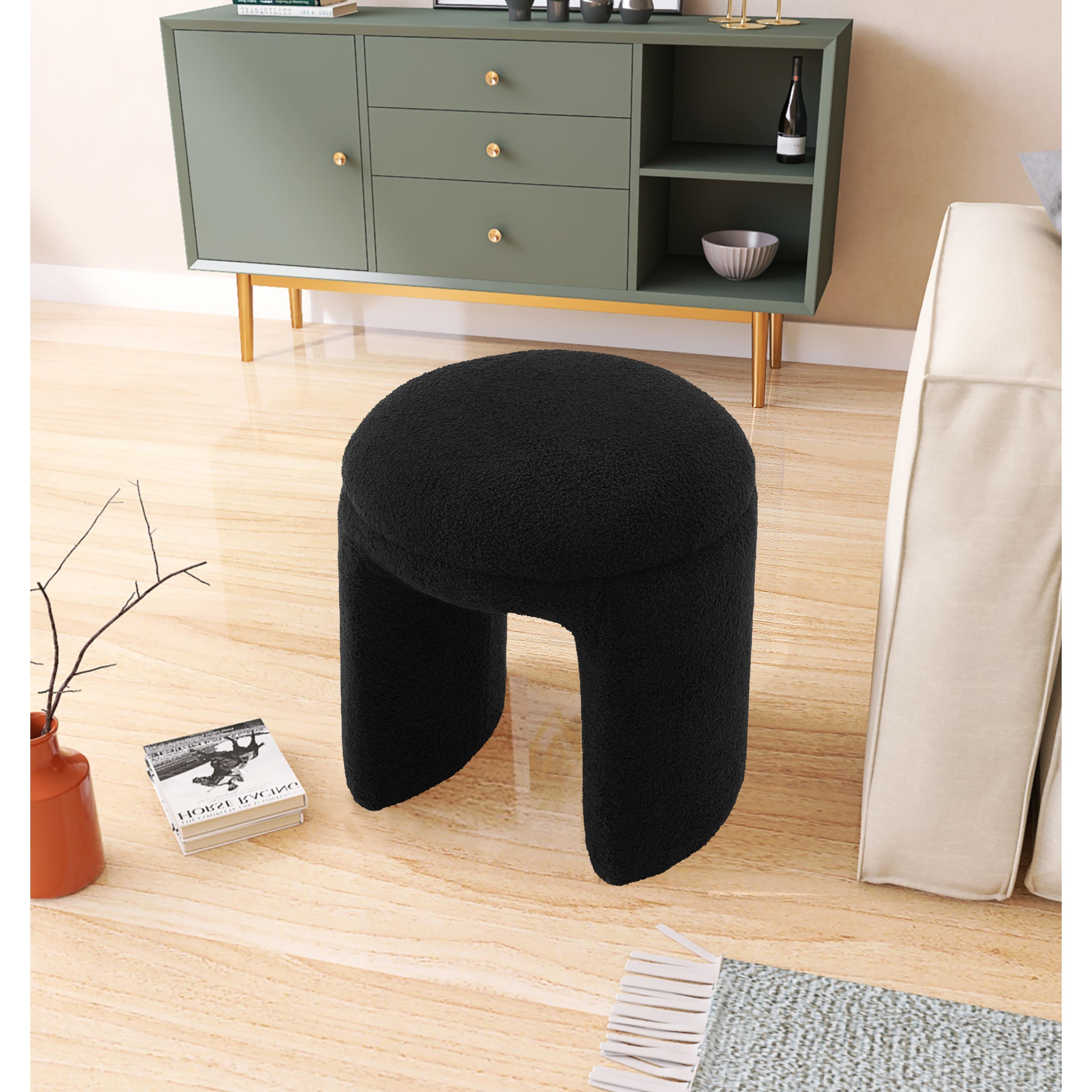 Meridian Bowen Black Faux Shearling Teddy Fabric Ottoman/Stool