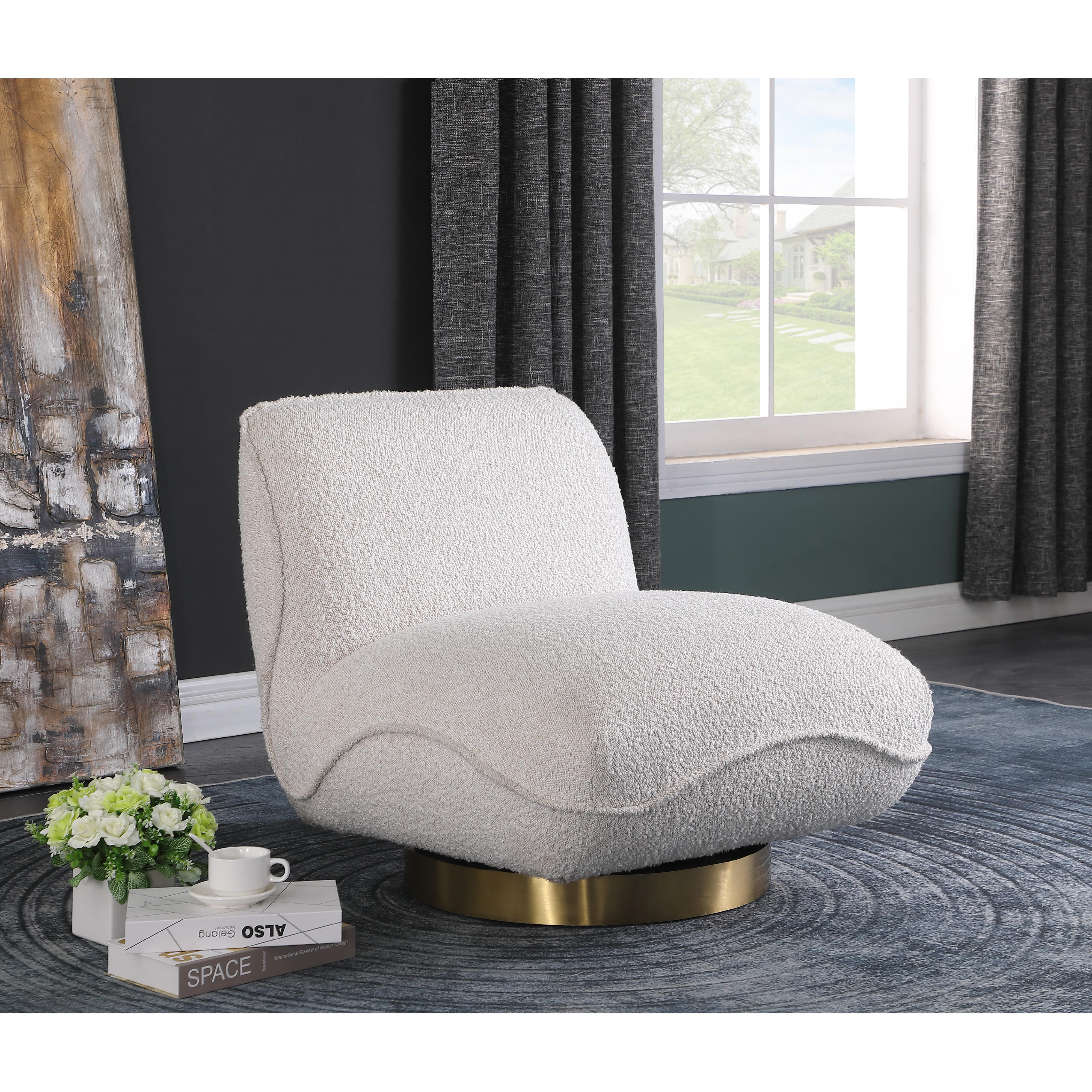 Meridian Geneva Cream Boucle Fabric Swivel Accent Chair