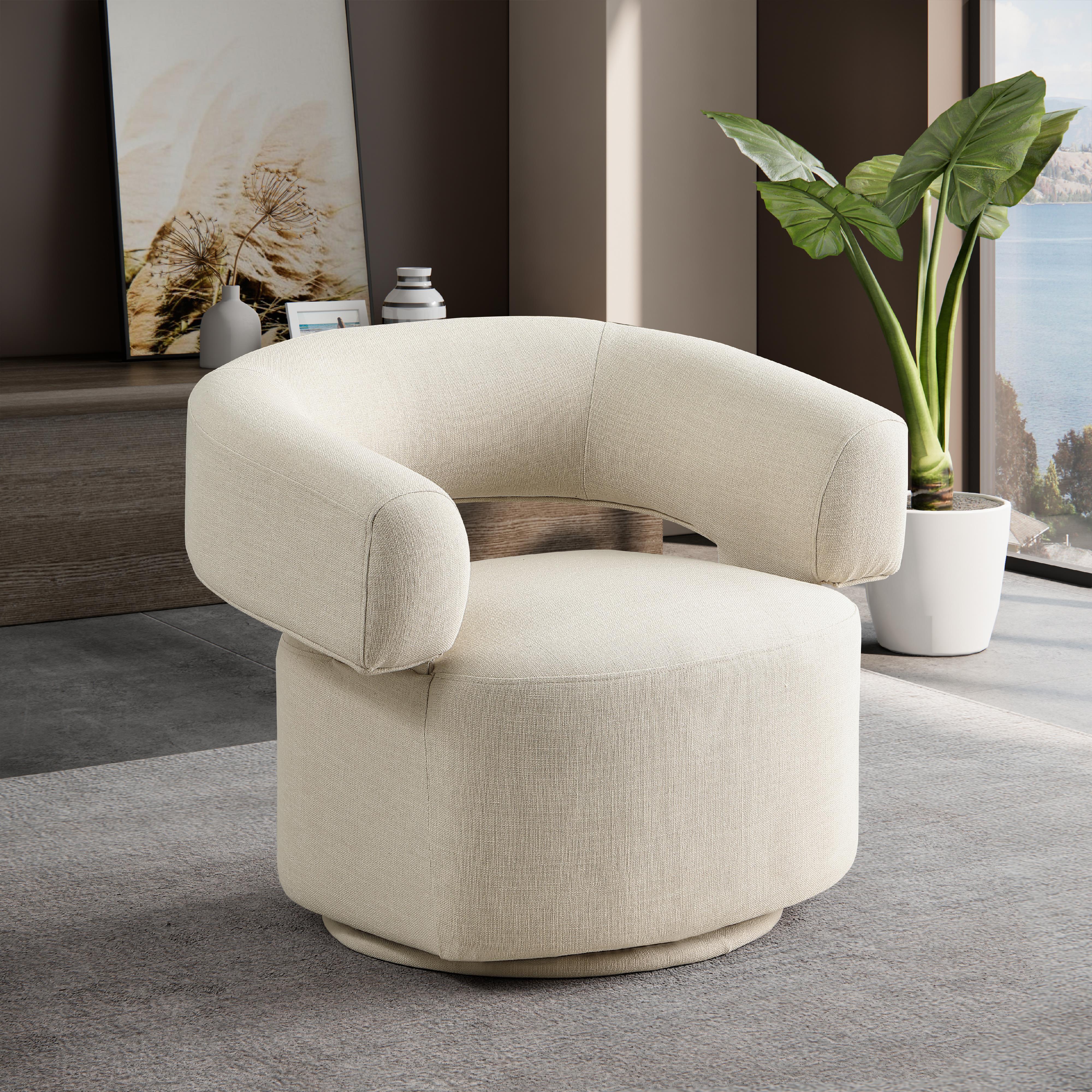 Meridian Niya Beige Linen Textured Fabric Swivel Accent Chair