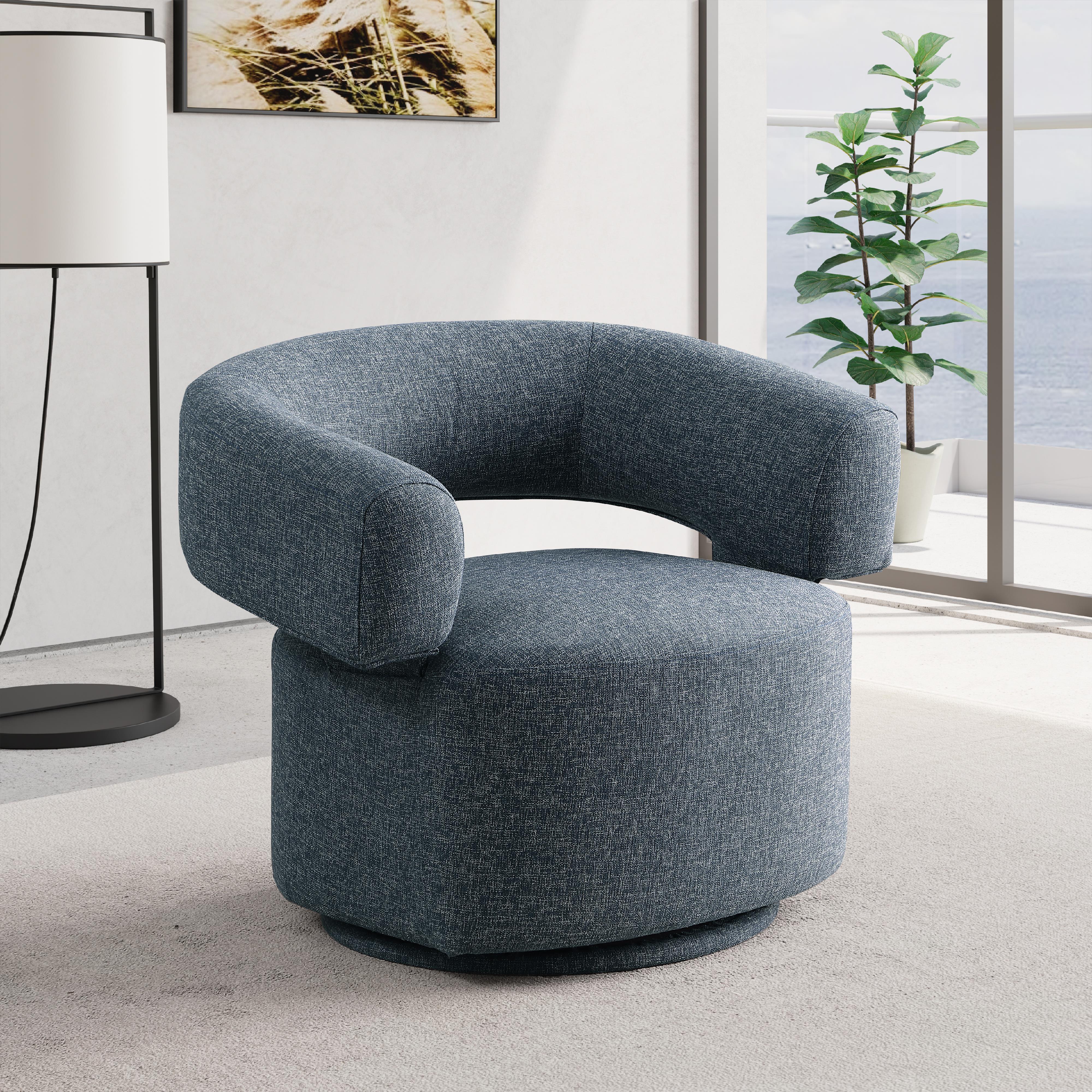 Meridian Niya Blue Linen Textured Fabric Swivel Accent Chair