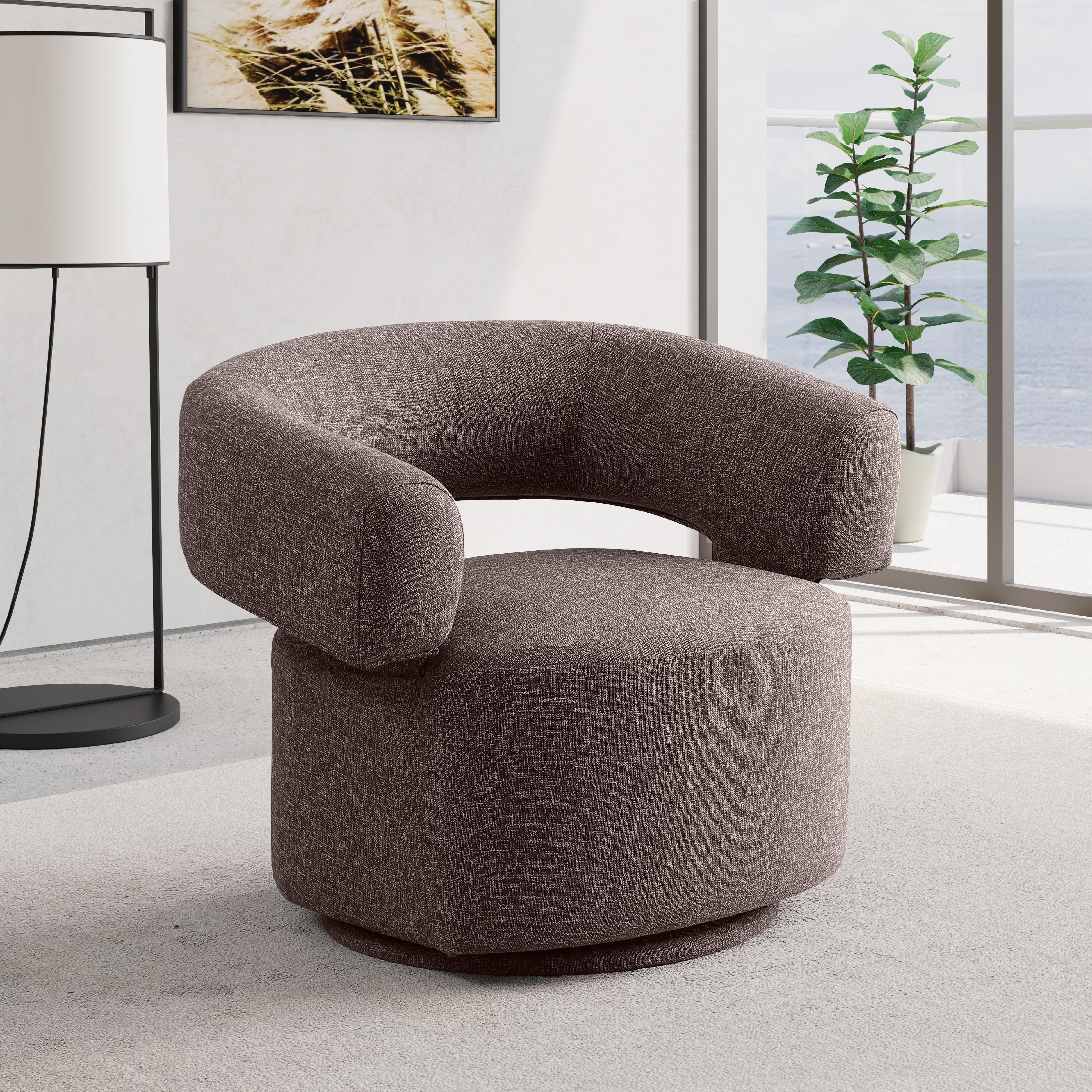 Meridian Niya Brown Linen Textured Fabric Swivel Accent Chair