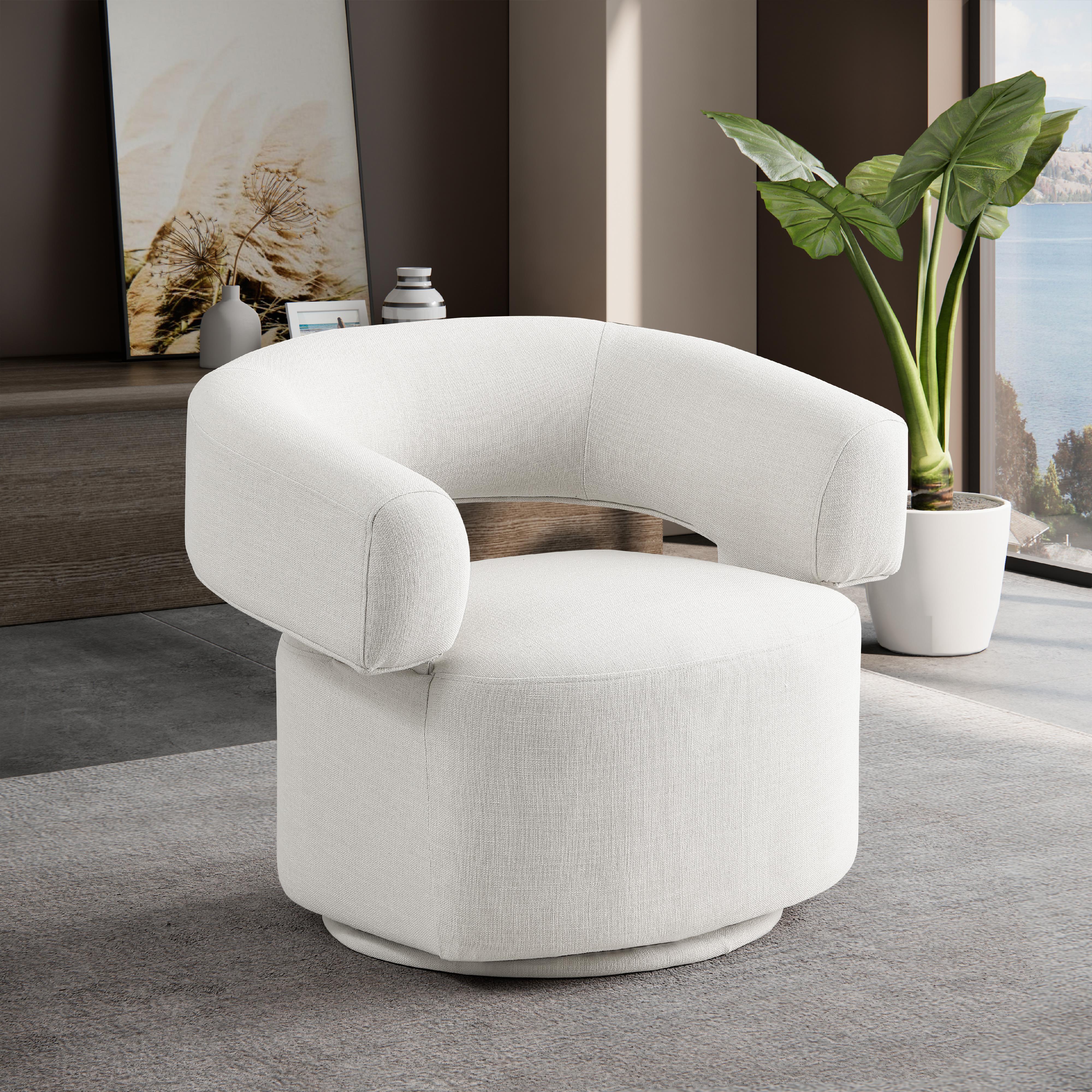 Meridian Niya Cream Linen Textured Fabric Swivel Accent Chair