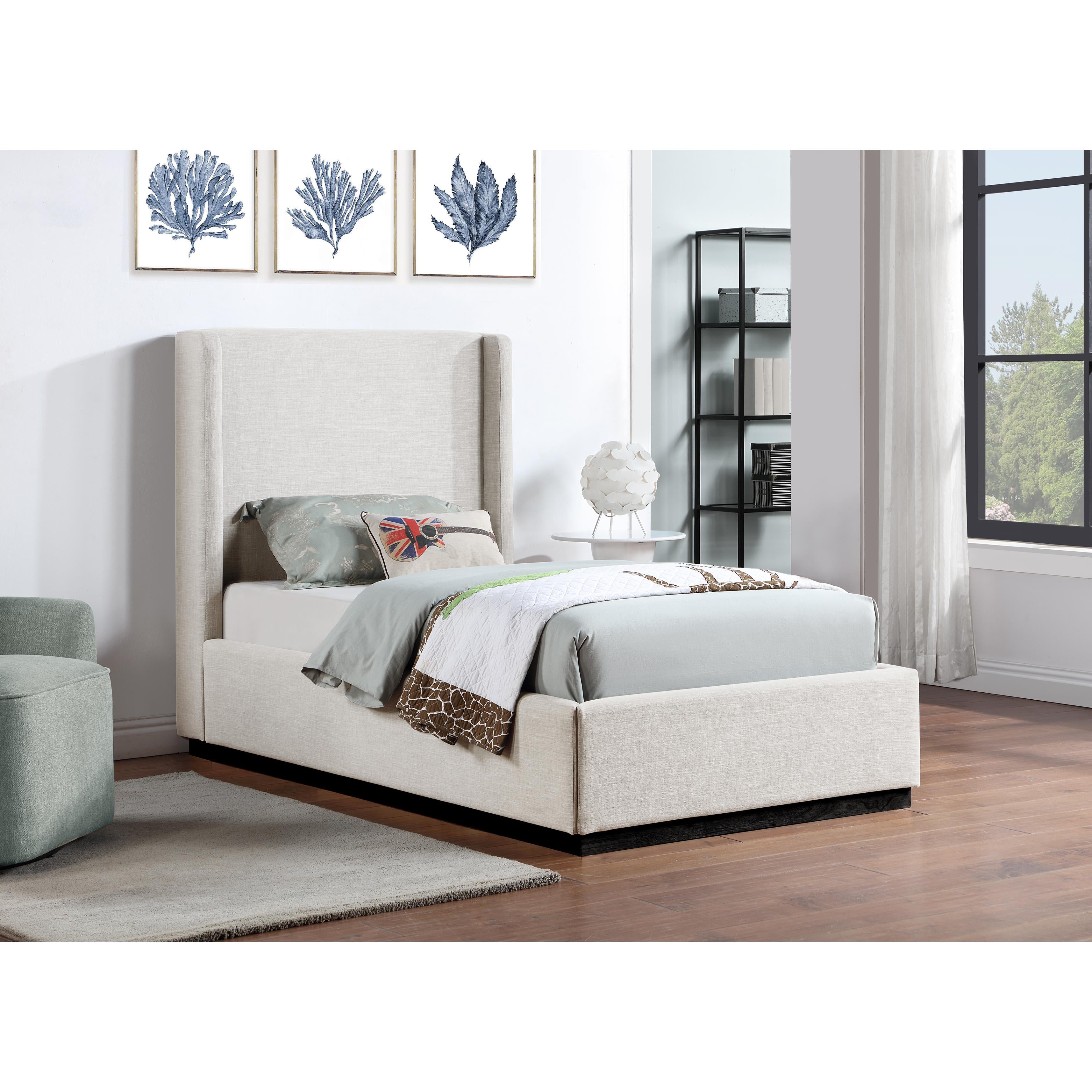 Meridian Flynn Beige Linen Textured Fabric Twin Bed