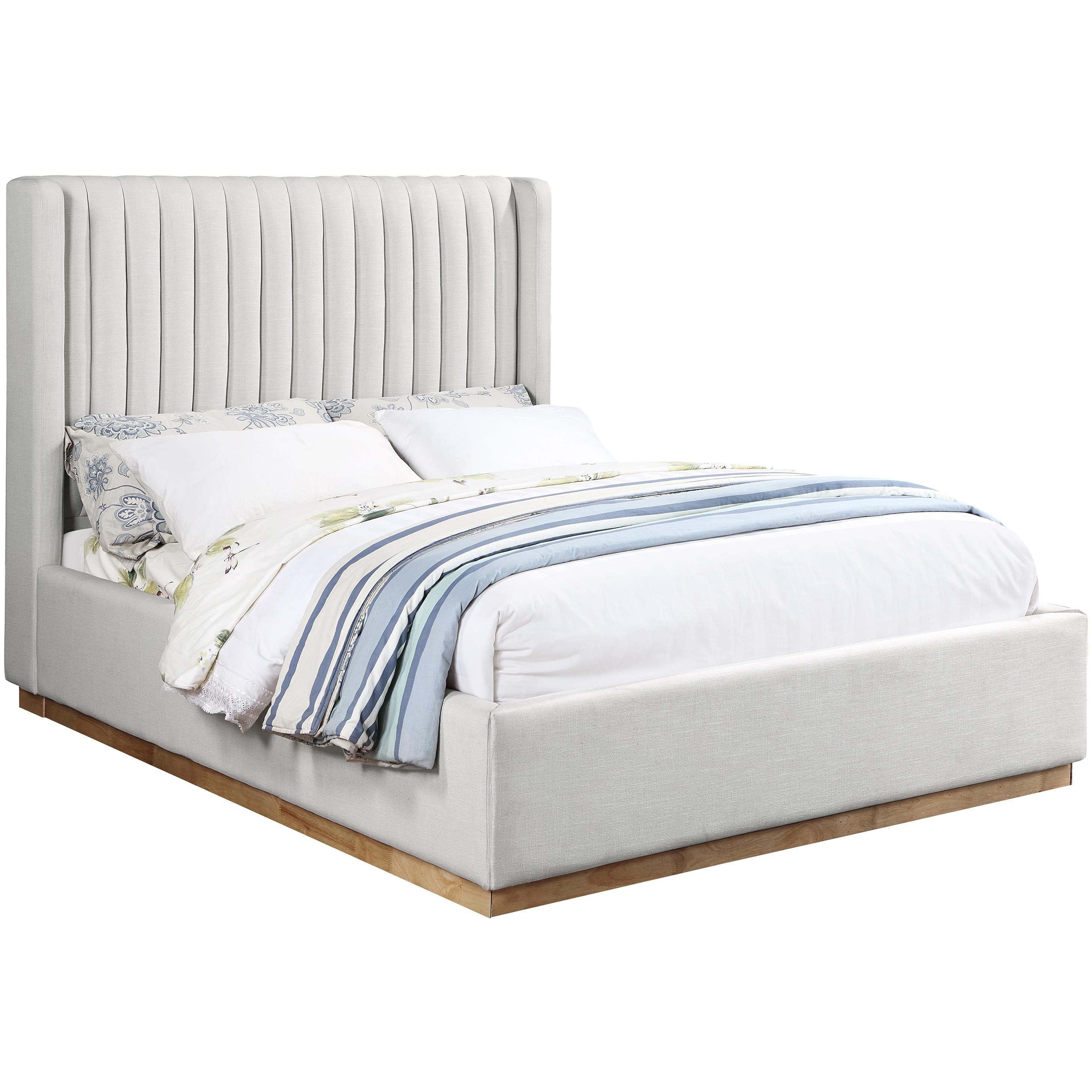 Meridian Logan Cream Linen Textured Fabric Queen Bed