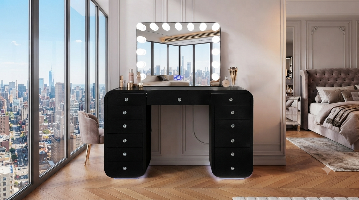 Emily Smart Vanity — 3-Color Lighted Mirror & Glass Top