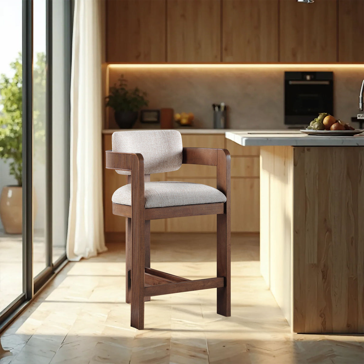 Sacha - Linen Stool with Brown Base