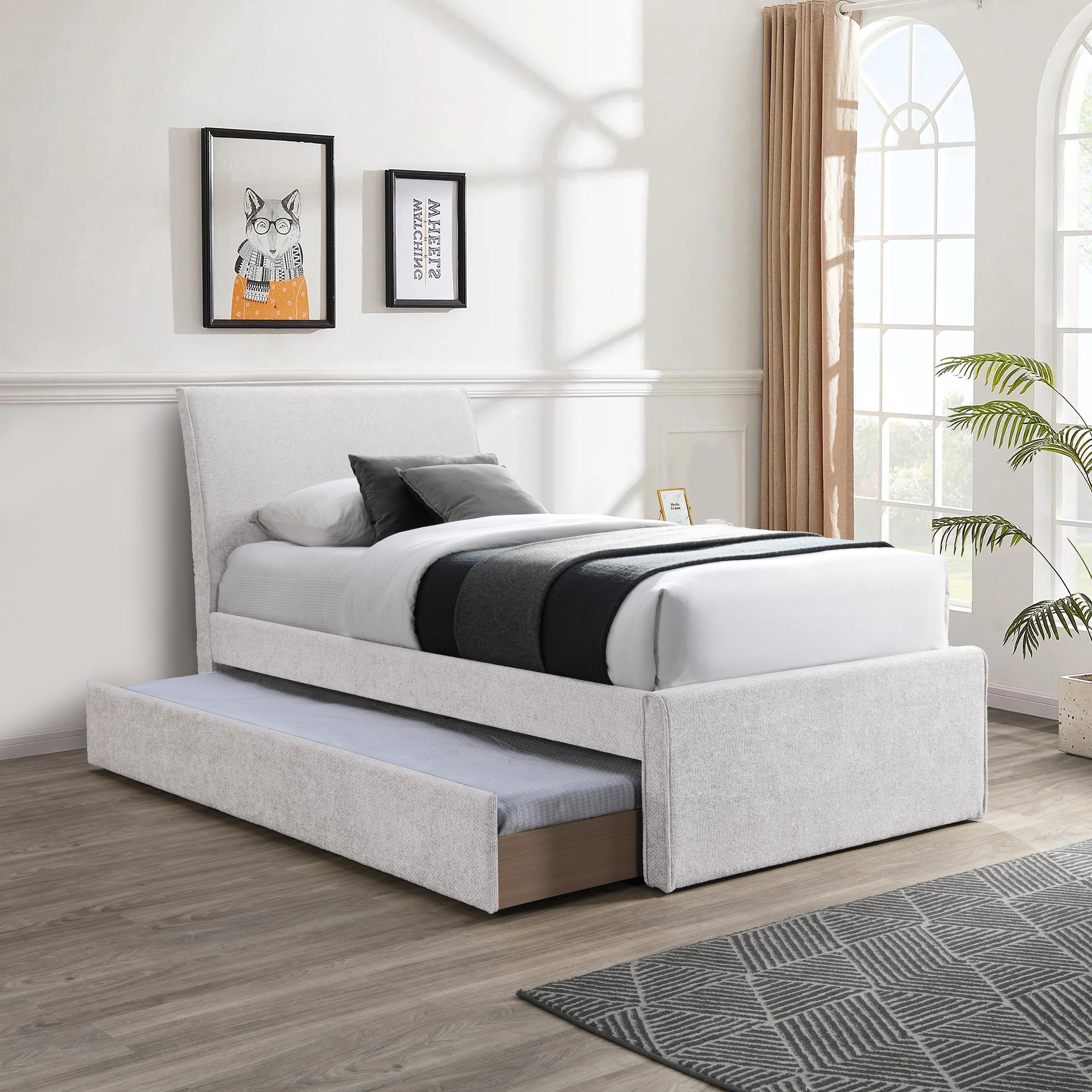 Meridian Myles Cream Chenille Fabric Twin Trundle Bed