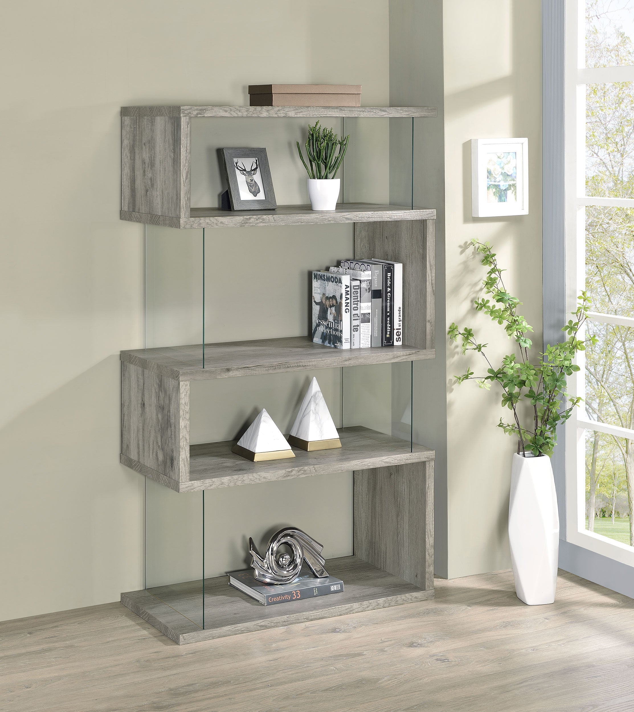 Emelle 63-inch 4-shelf Glass Panel Bookshelf