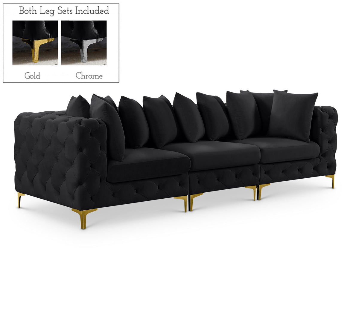 Tremblay Velvet Modular Sectional — 3-Piece Sofa — Black