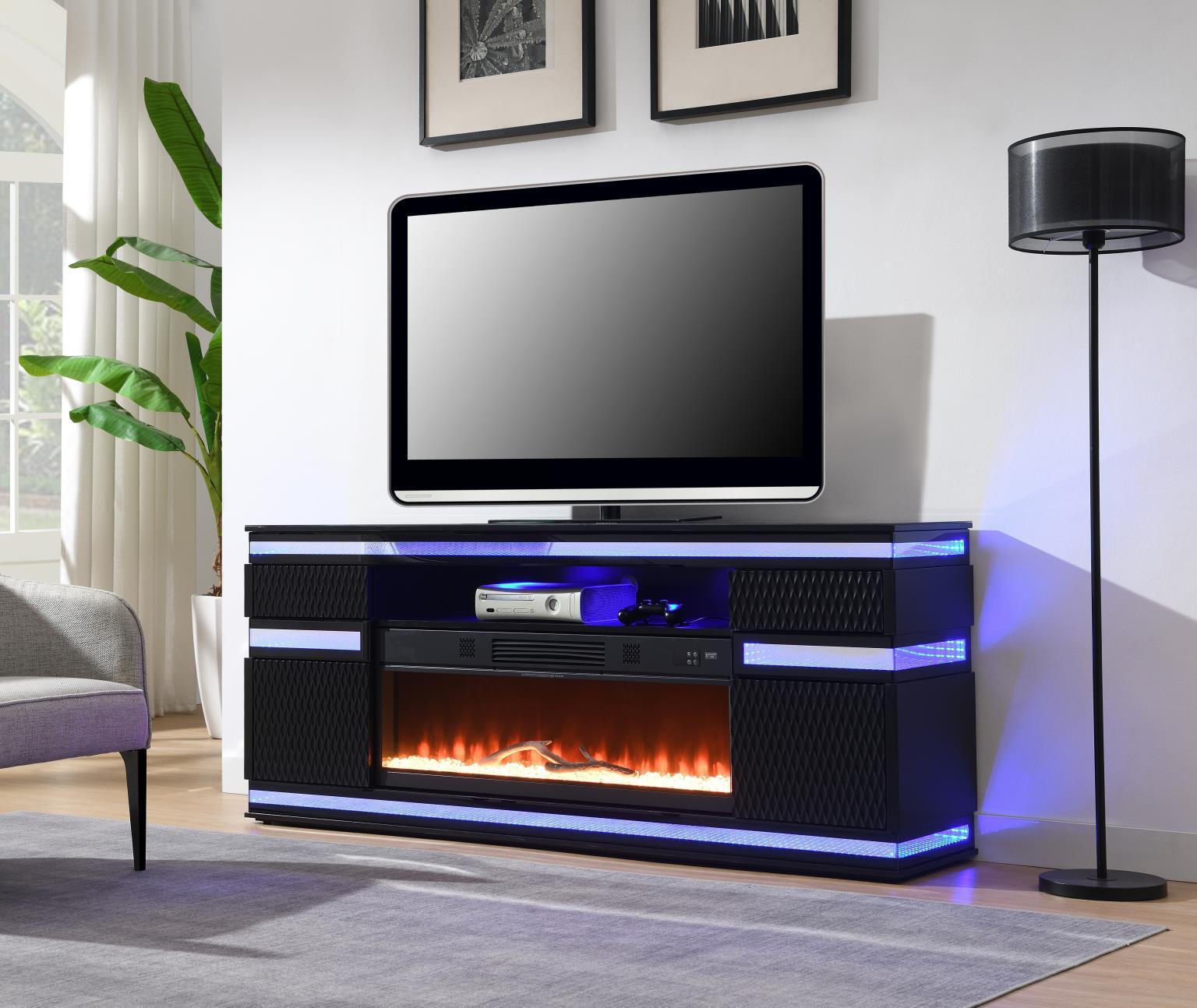 W034-TV Black Fire Place TV Stand With Bluetooth Speaker, Multi Colors, RGB LED Light — 71 in. wide