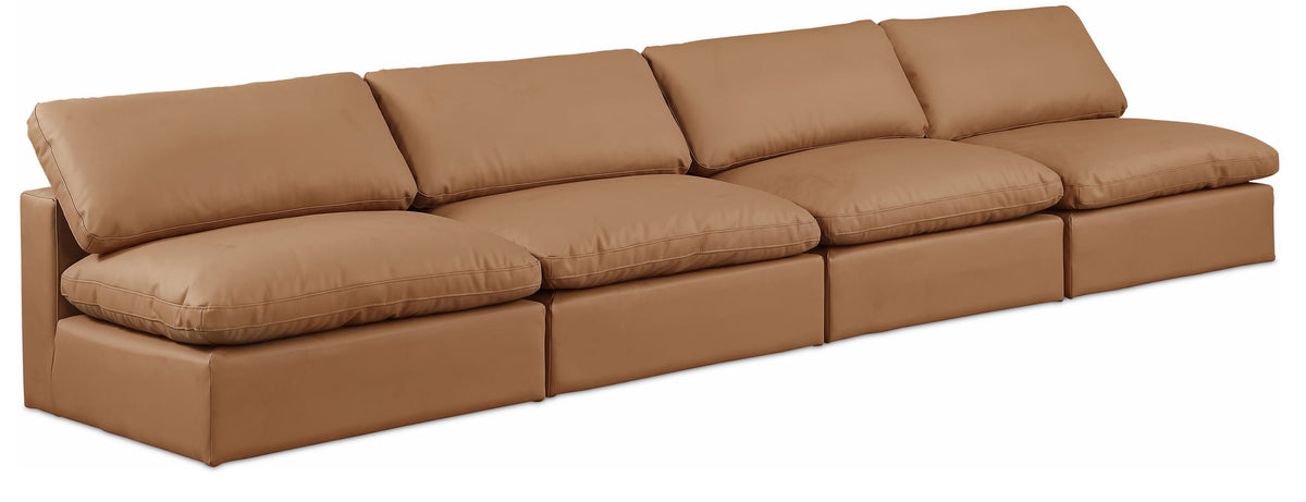 Comfy Faux Leather Modular Sectional — 4-Piece Armless Sofa — Cognac