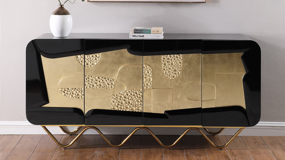 Adora Black Lacquer Console and Mirror Set — Gold Leaf Accents