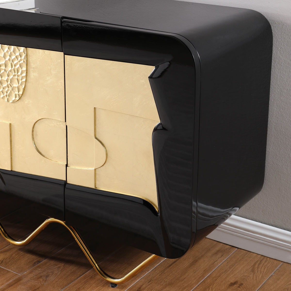 Adora Black Lacquer Console and Mirror Set — Gold Leaf Accents