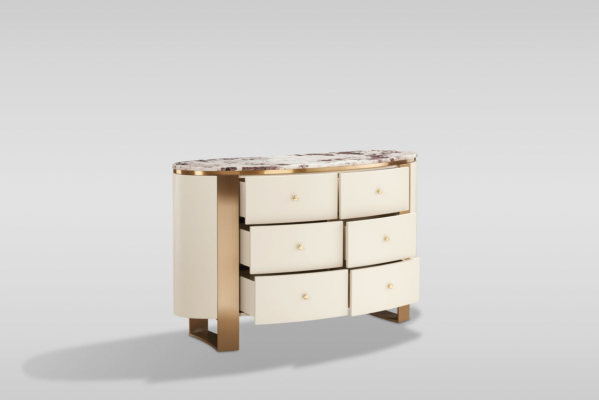 Corvina Cream Dresser, Mirror and Nightstand — Brushed Gold Accents