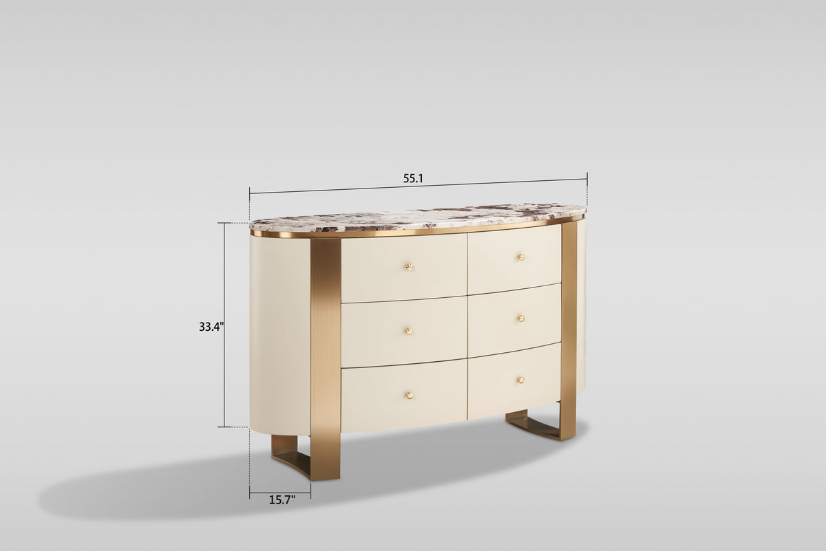 Corvina Cream Dresser, Mirror and Nightstand — Brushed Gold Accents
