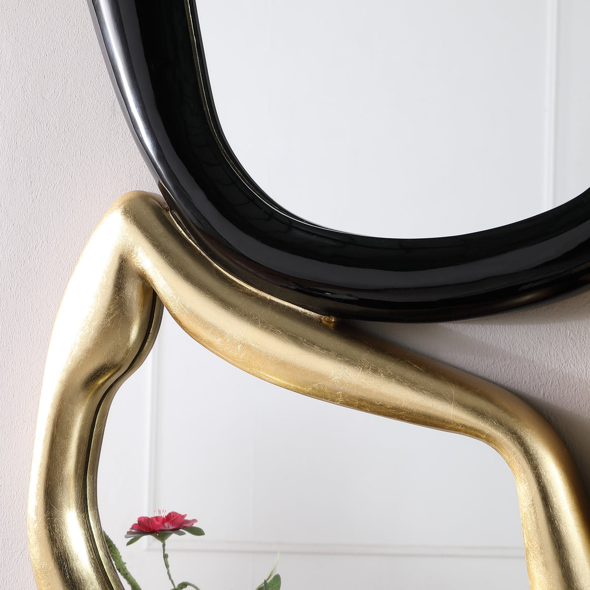 Adora Black Lacquer Console and Mirror Set — Gold Leaf Accents