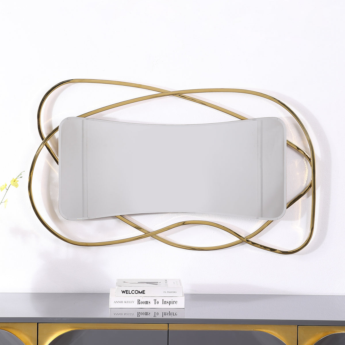 Brivo Grey Lacquer Console and Mirror Set — Gold Accents