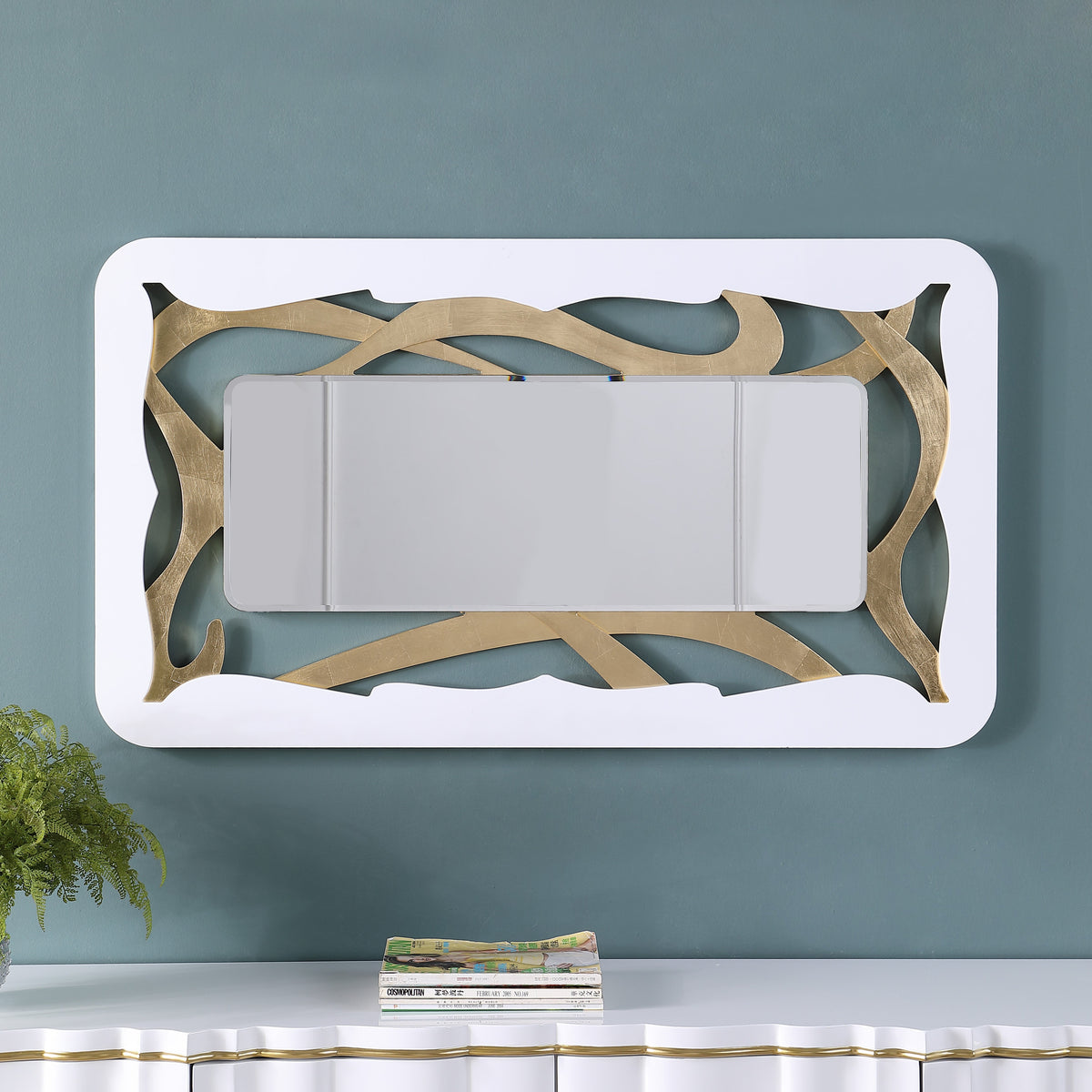 Isadora White Lacquer Console and Mirror Set — Carved Wave Door