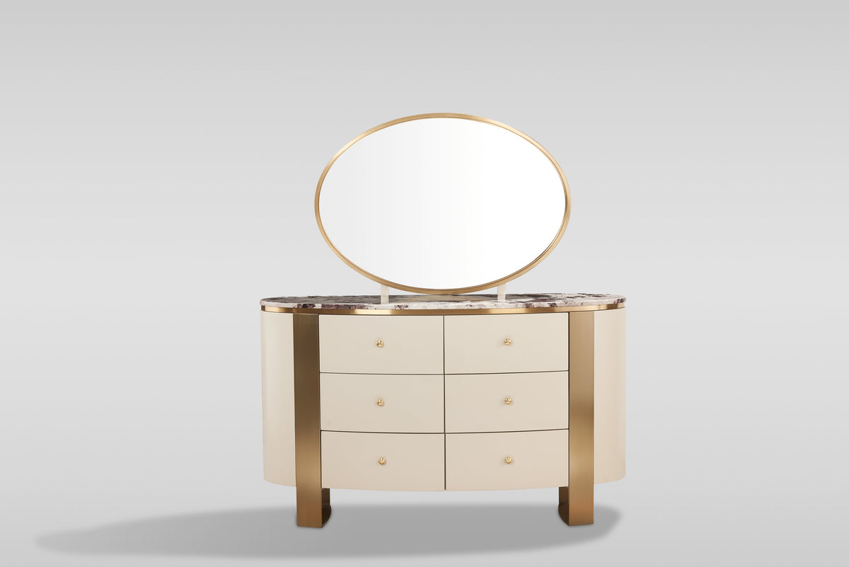 Corvina Cream Dresser, Mirror and Nightstand — Brushed Gold Accents