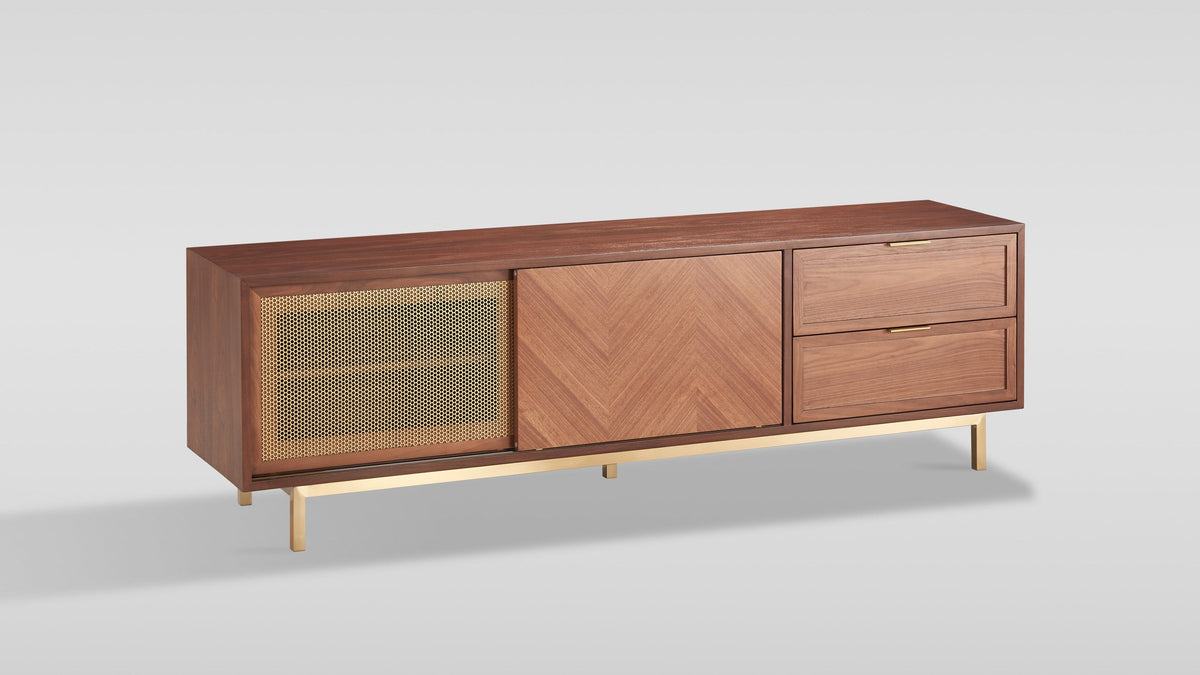Milana Walnut & Gold TV Console — Sliding Doors