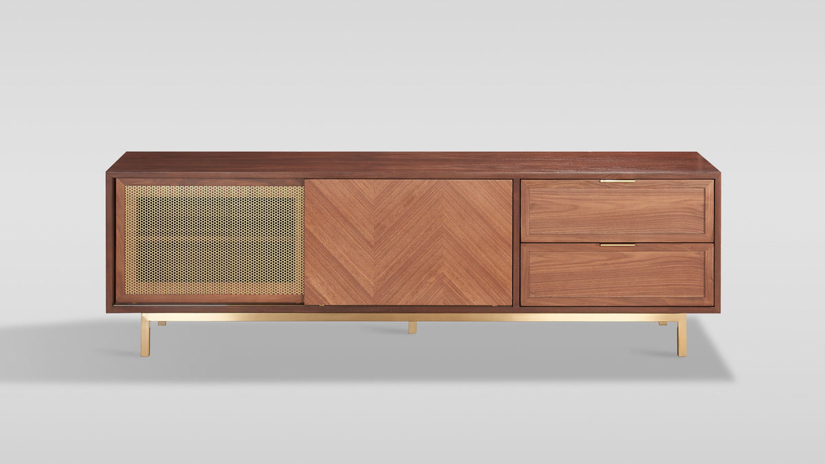Milana Walnut & Gold TV Console — Sliding Doors