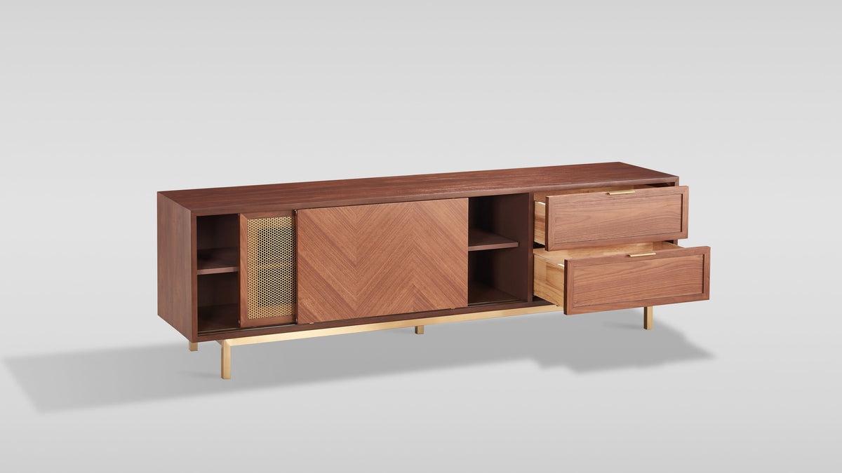 Milana Walnut & Gold TV Console — Sliding Doors