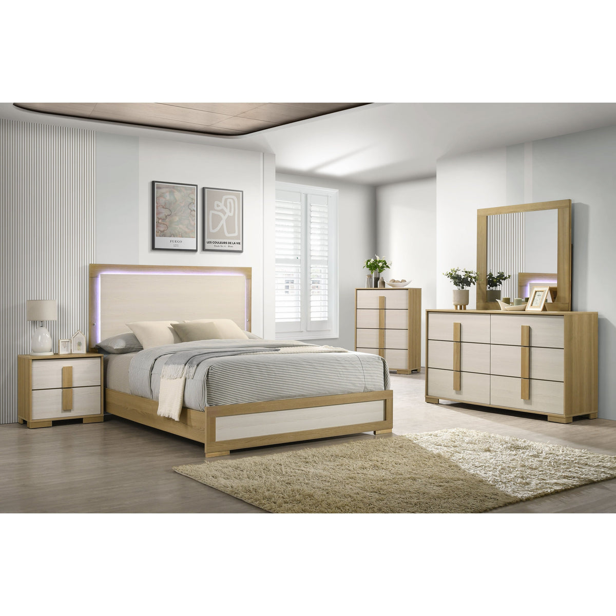 Maya Natural and White Bedroom Set — LED Headboard