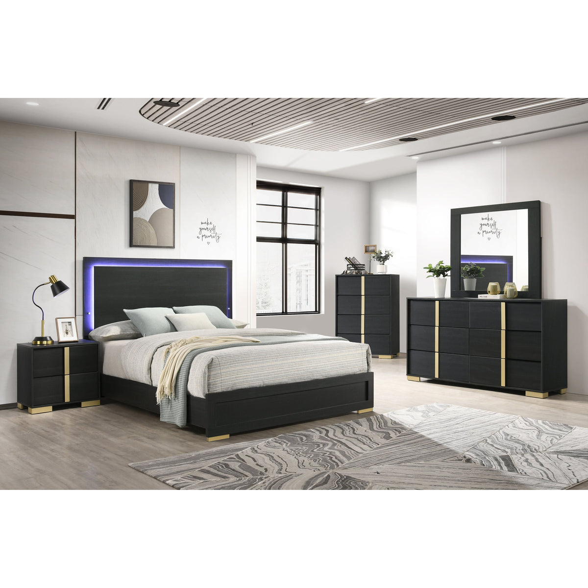 Aubrey Black Bedroom Set — LED Headboard and Champagne Gold Accents
