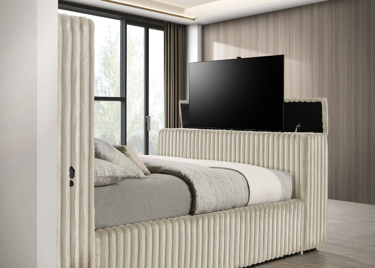Henley Cream Corduroy Bedroom Set — TV Lift and LED Fireplace