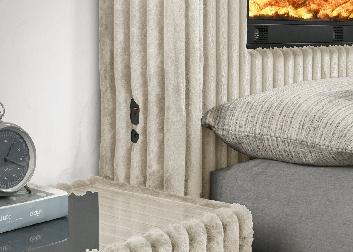 Henley Cream Corduroy Bedroom Set — TV Lift and LED Fireplace