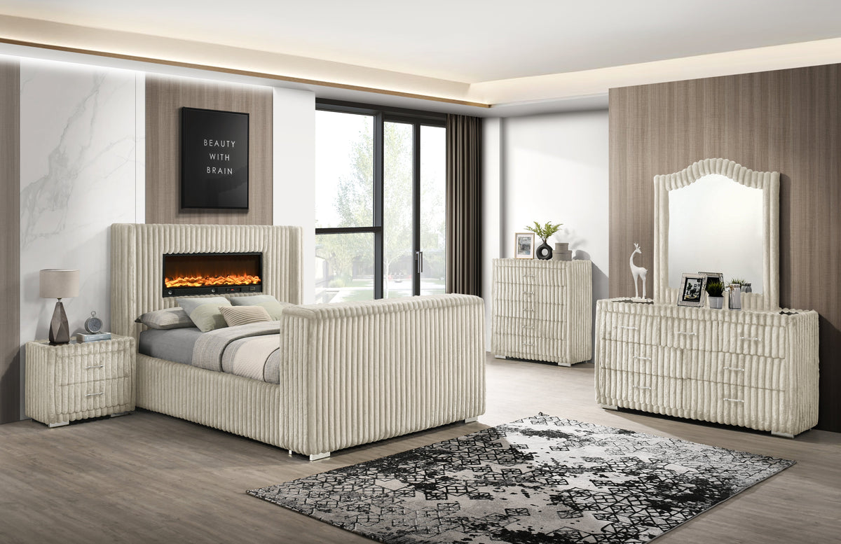 Henley Cream Corduroy Bedroom Set — TV Lift and LED Fireplace