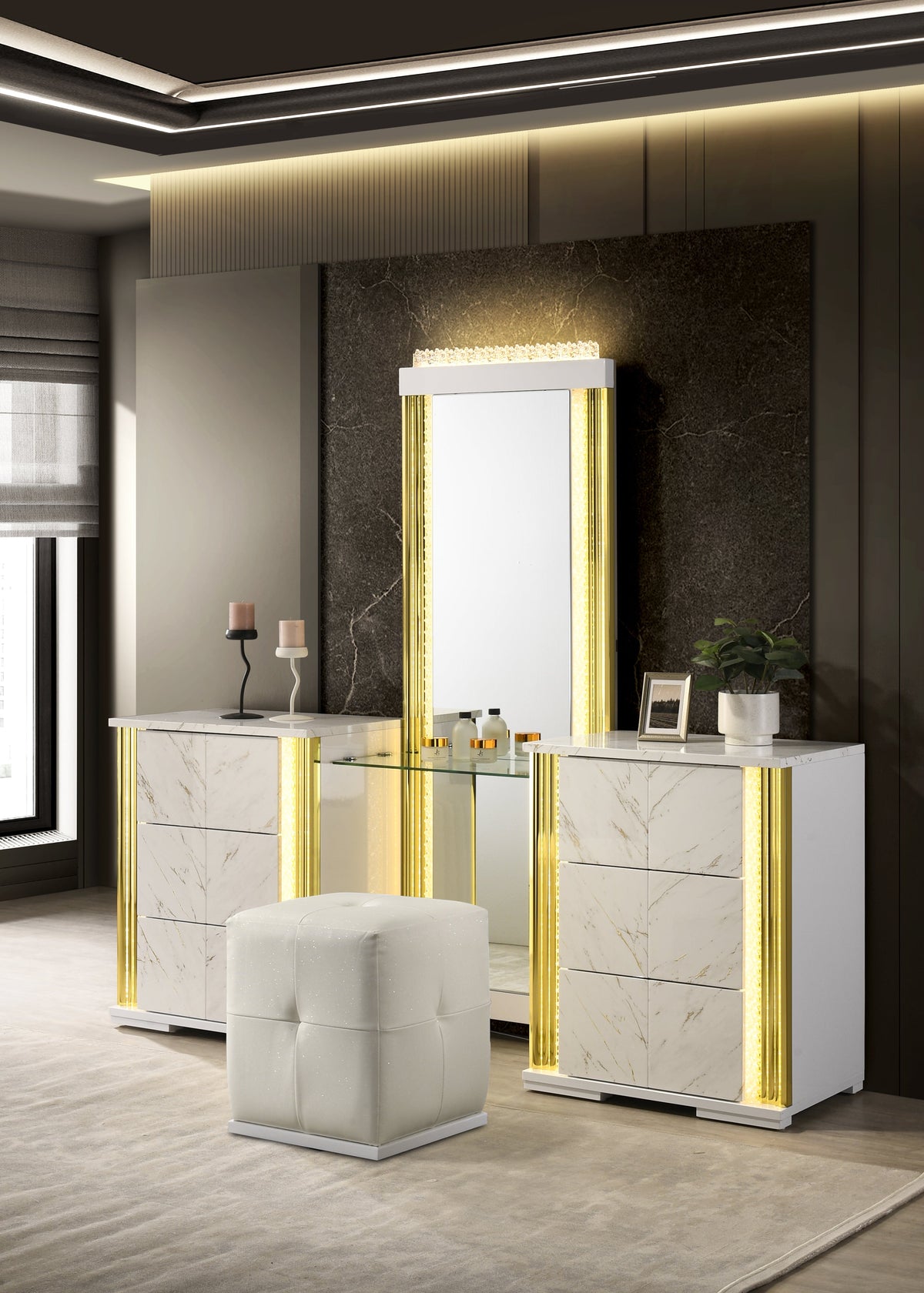 Mika Vanity — Luminous LED Pillars & Faux Marble Finish