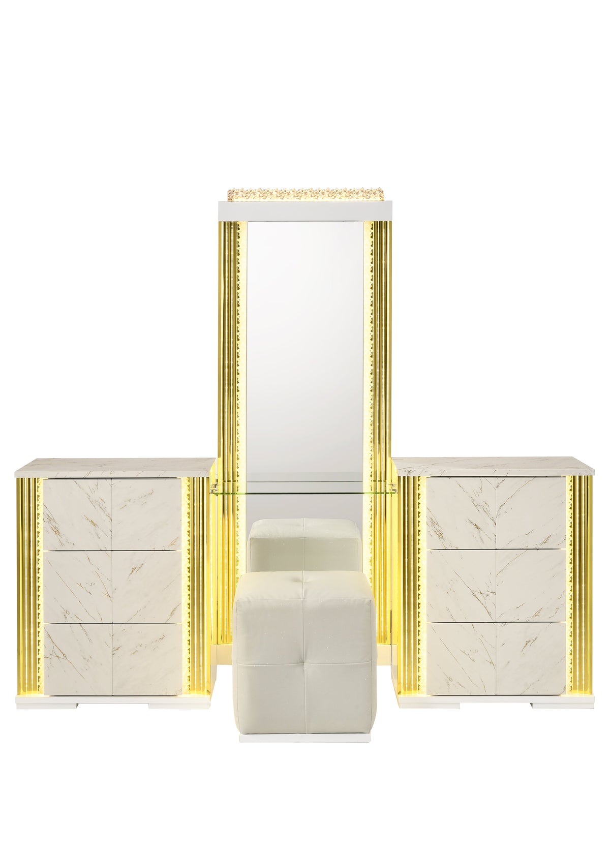 Mika Vanity — Luminous LED Pillars & Faux Marble Finish
