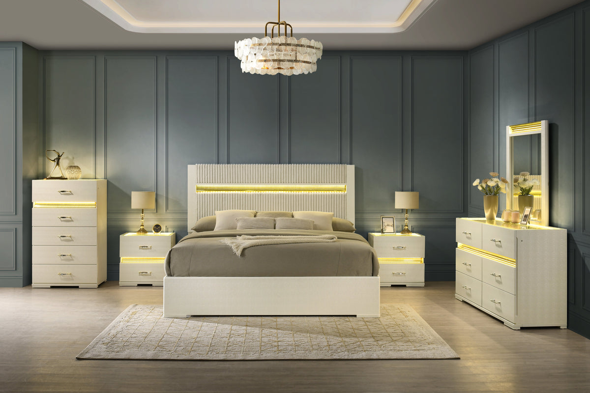 Brillia Ivory Bedroom Set — LED Accents and Croc-Embossed Finish
