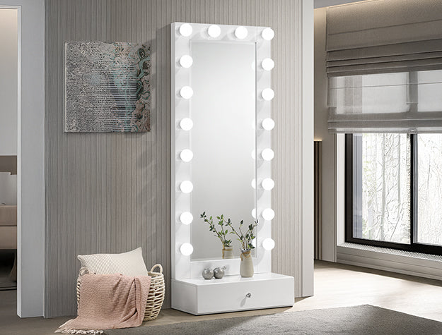 Luxo White Tall Lighted Vanity — Mirror & Drawer
