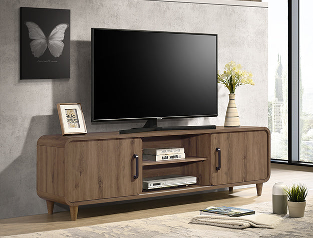 Nyomi Light Brown TV Stand — Sliding Doors, Tapered Legs