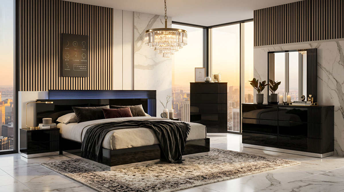 Modena Black High Gloss Bedroom Set — LED Headboard