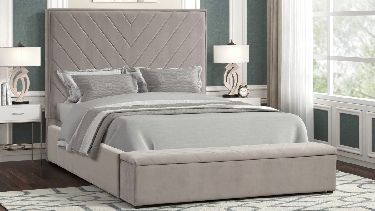 Mio Grey Velvet Bed — Storage, No Box Spring Needed
