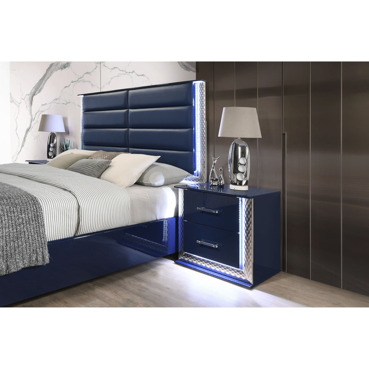 Aya Dark Navy High Gloss Bedroom Set — LED Lighting and Storage Bed