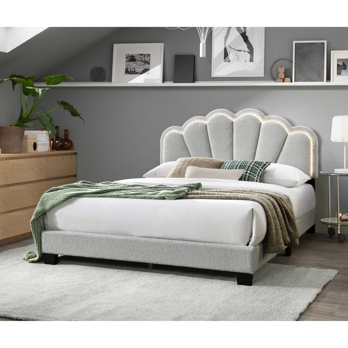 Gul Grey Upholstered Bed — LED Headboard