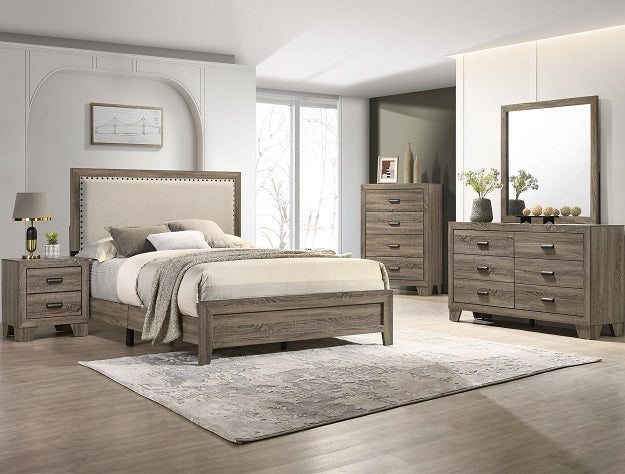 Millie Grey Upholstered Bed Set — Bed, Dresser, Nightstand & Chest