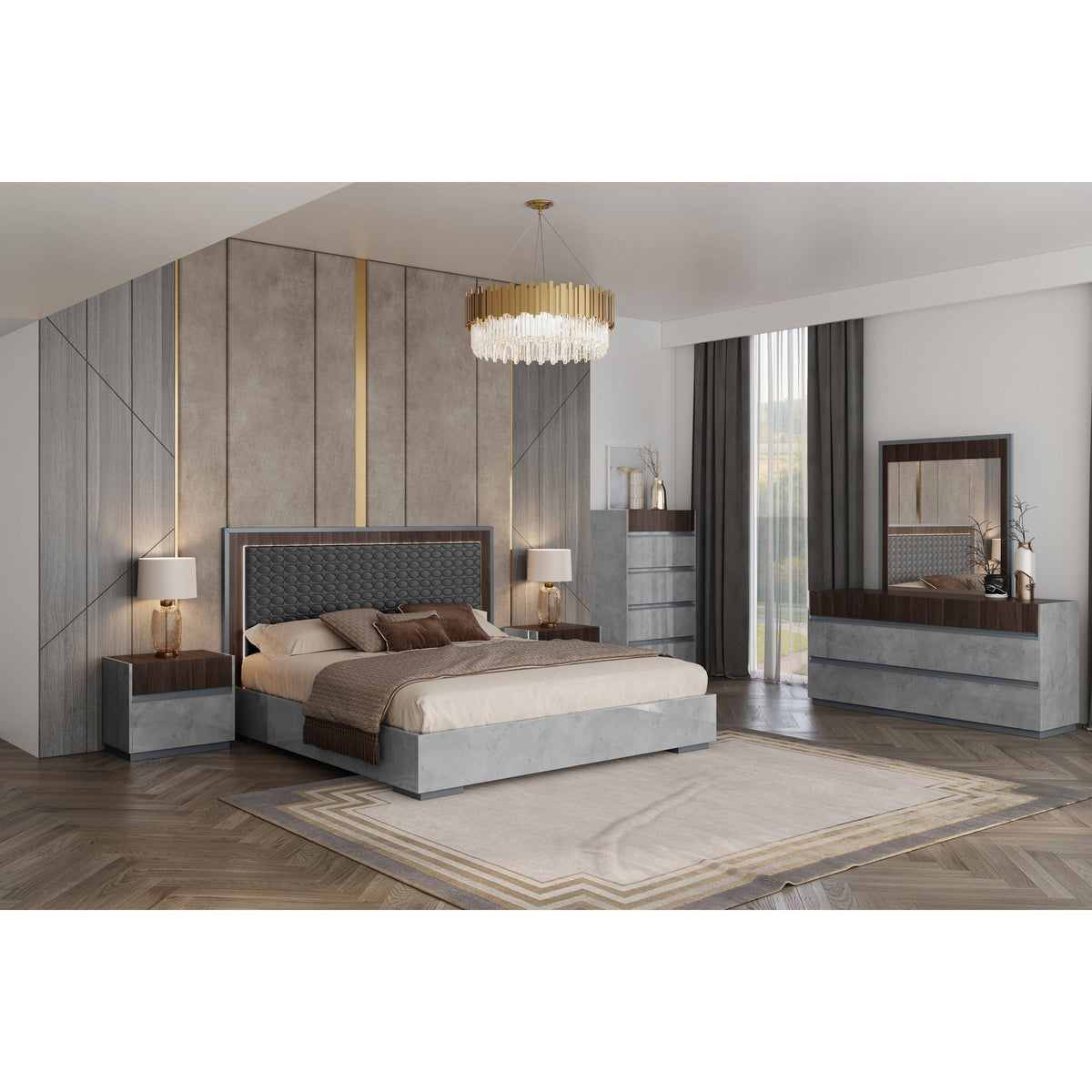 Cindy Grey High Gloss Bedroom Set — Italian Made LED Headboard