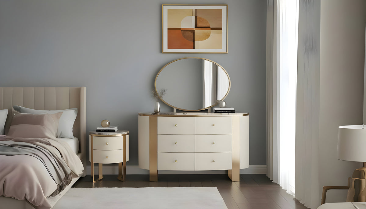 Corvina Cream Dresser, Mirror and Nightstand — Brushed Gold Accents