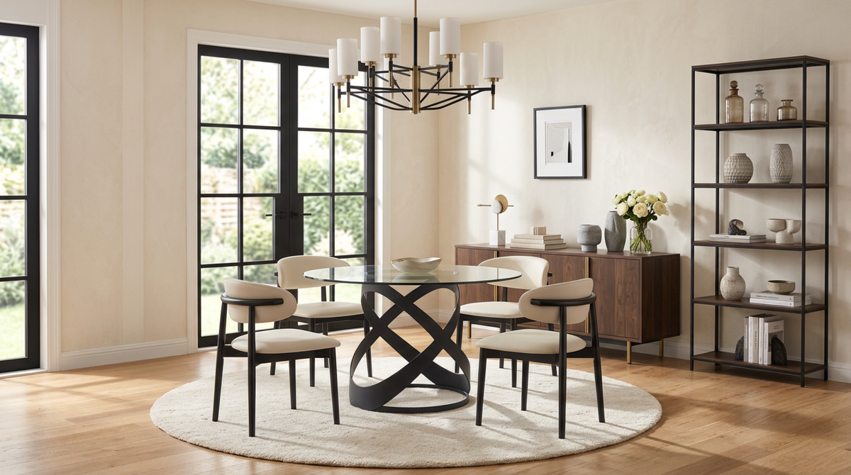 Dimi Glass Round Dining Set — Clear or Smoke Glass, Black or Bronze Base